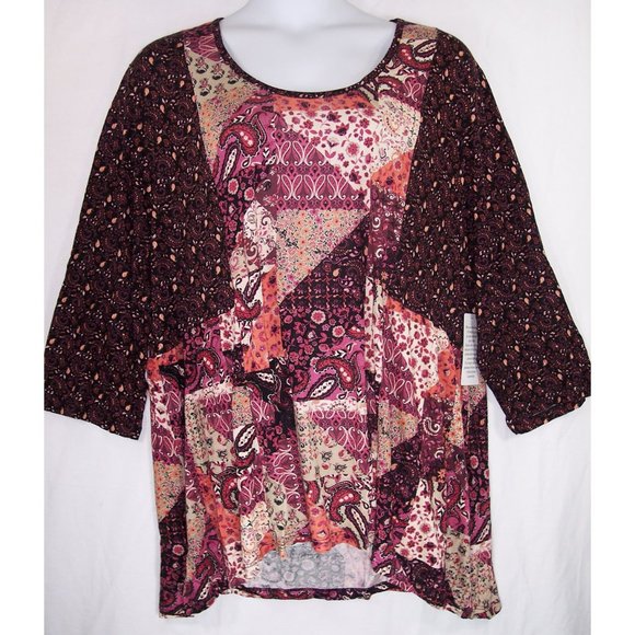 NEW Chelsea Studio Babydoll Tunic Top 30/32 3X Mixed Print Patchwork Mauve Wine - Picture 4 of 13